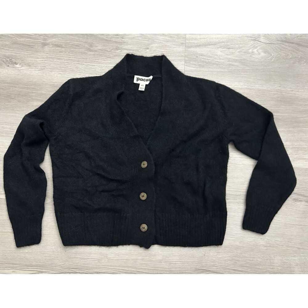 Pacas Women  black cardigan buttons crop alpaca merino wool soft XS capsule Peru